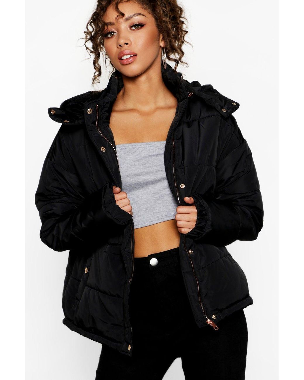 Boohoo Rose Gold Trim Puffer Jacket, Quilted Pattern in Black - Lyst