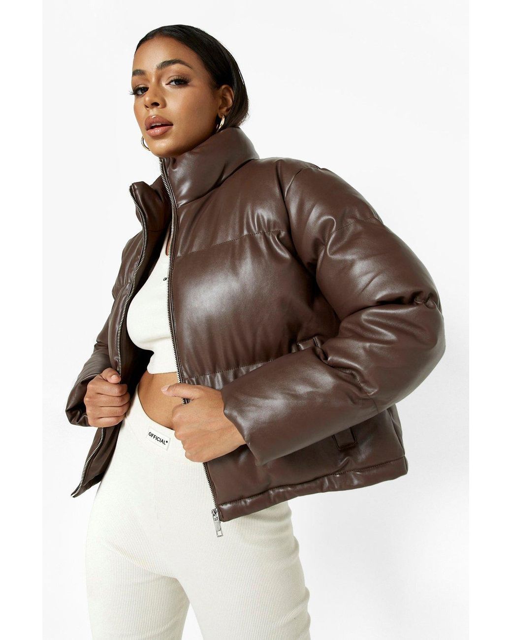 Boohoo Faux Leather Puffer Jacket in 
