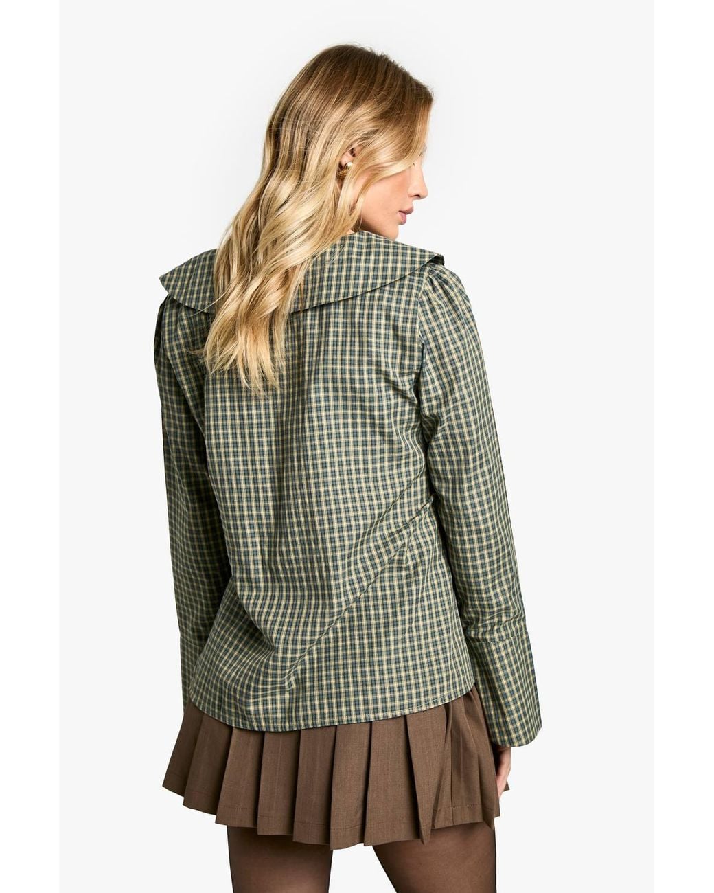 Boohoo Green Maternity Statement Collar Check Blouse