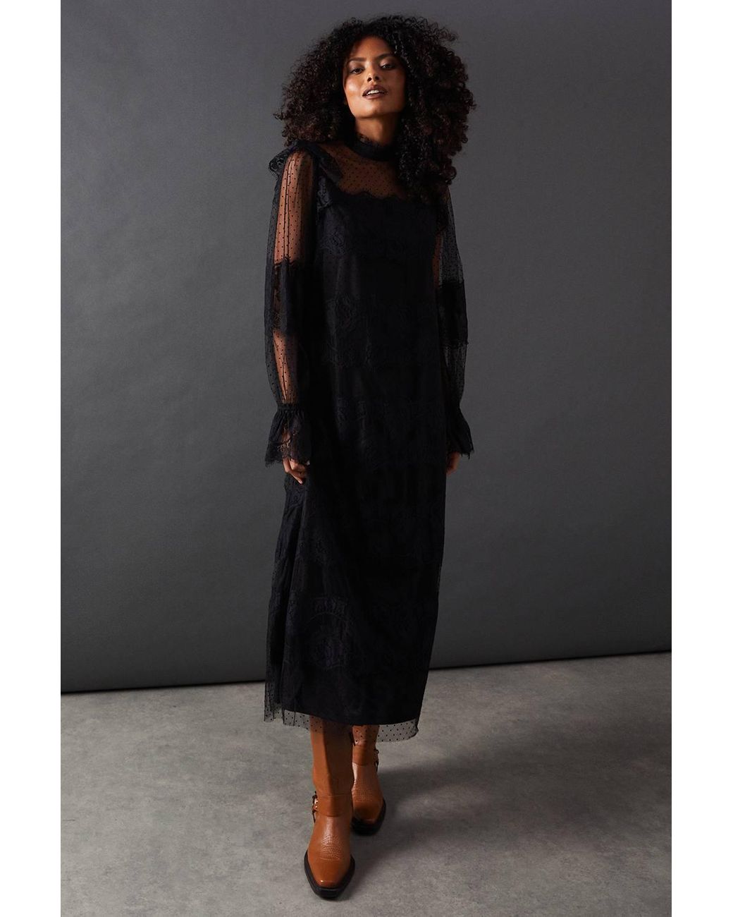 warehouse lace dress Women's Satin Lace Insert Flute Sleeve Midi Dress, Navy