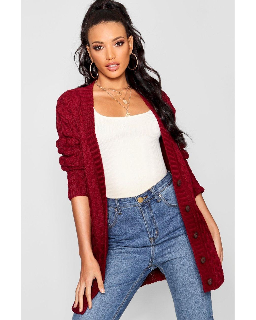 Boohoo Cable Knit Cardigan in Red Lyst
