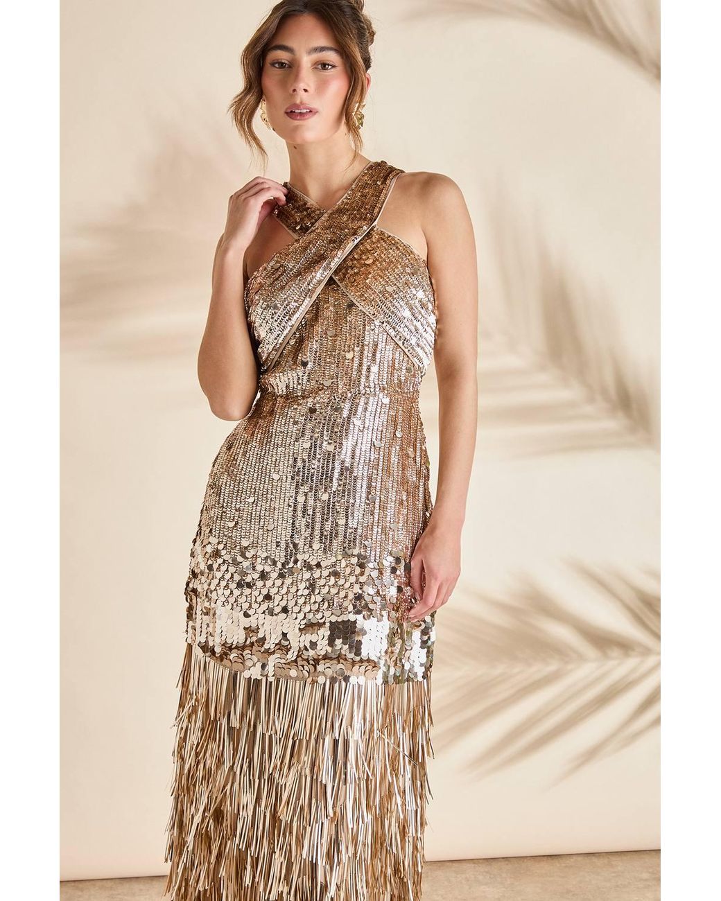 Coast Natural Sequin Tassel Halter Neck Dress