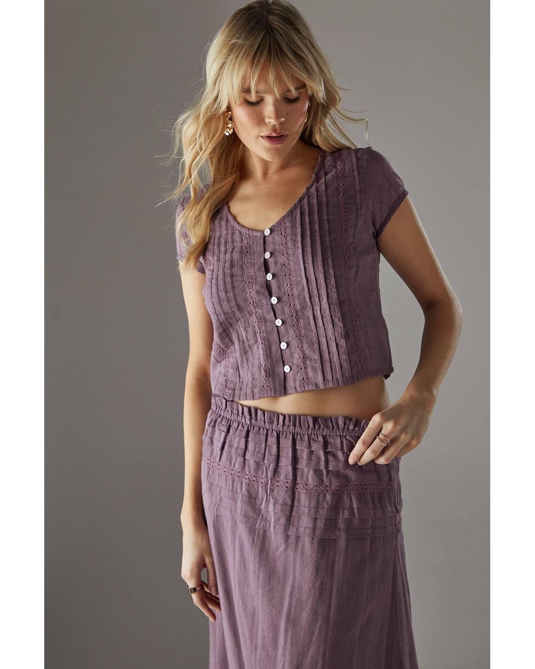 Warehouse Purple Cotton Dobby Button Through Boho Crop Top