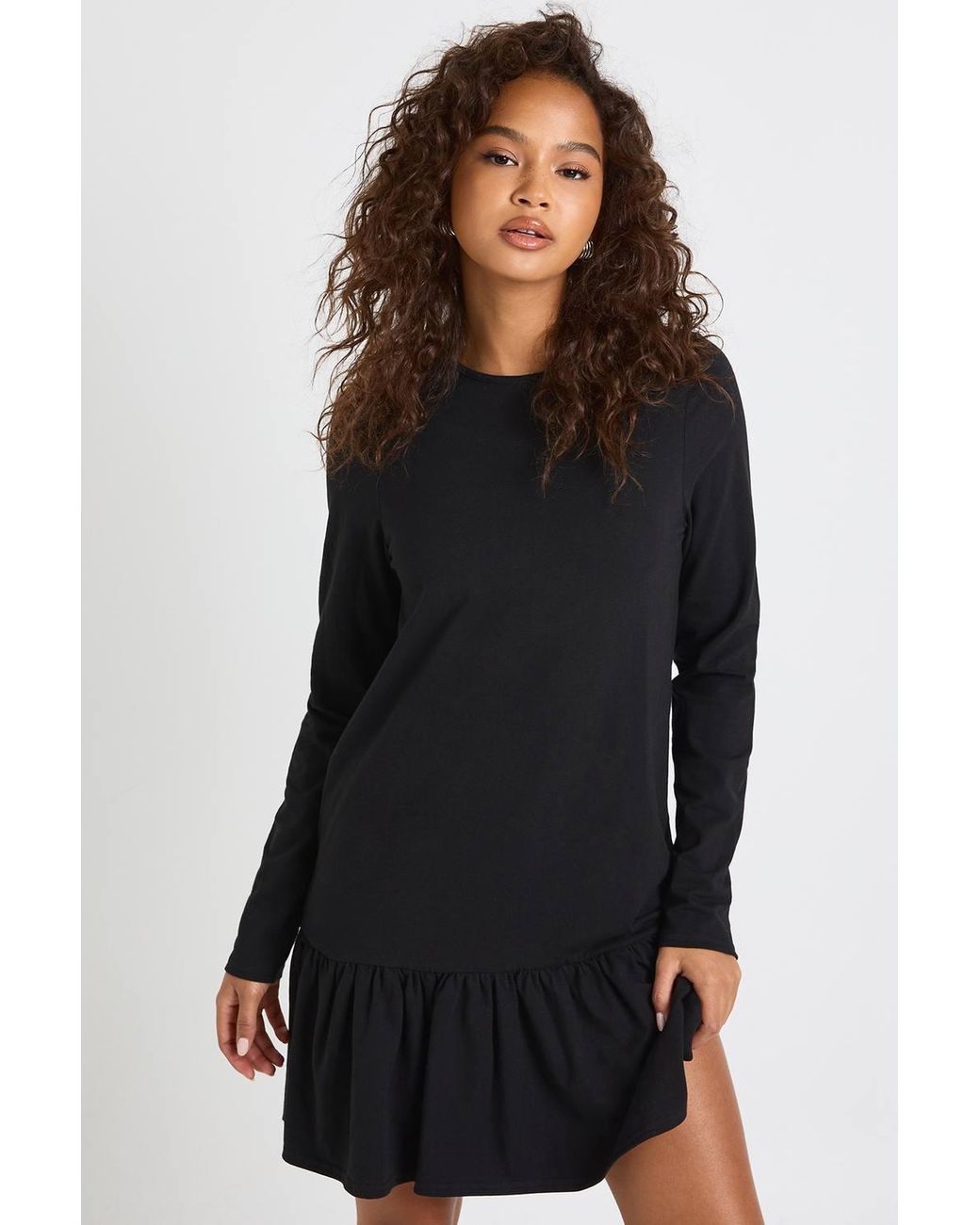 Boohoo Long Sleeve Drop Hem Smock Dress in Black | Lyst