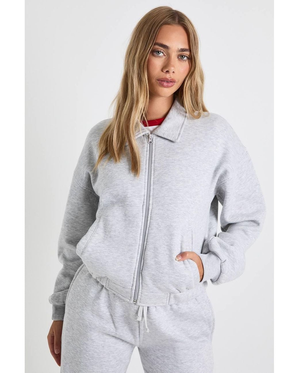 Boohoo White Zip Through Collared Bomber Sweatshirt