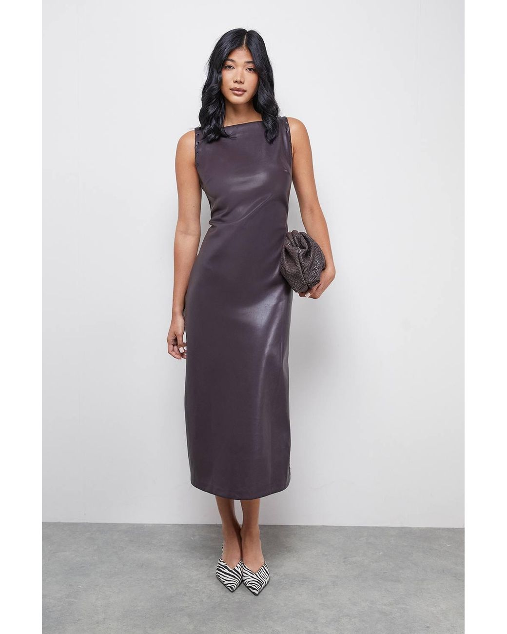 Warehouse Purple Faux Leather Whipstitch Detail Sleeveless Midi Dress