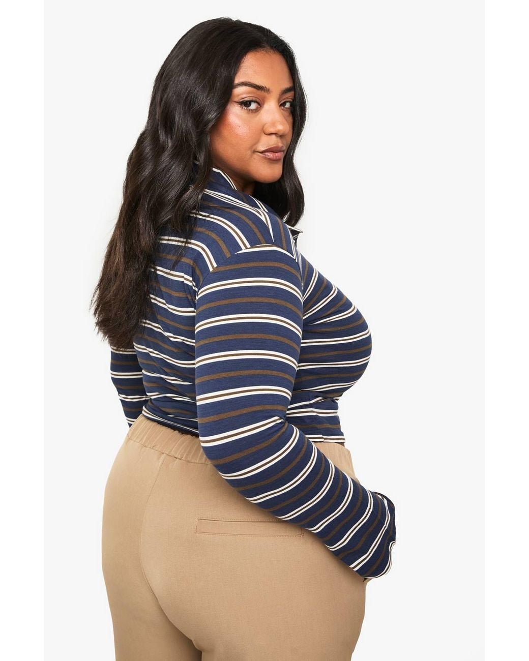 Boohoo Blue Plus Collared Button Down Stripe Long Sleeve Top