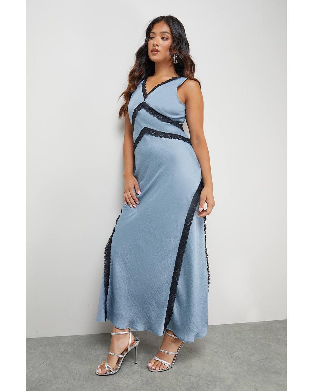 Warehouse Blue Petite Satin Contrast Lace Midi Slip Dress