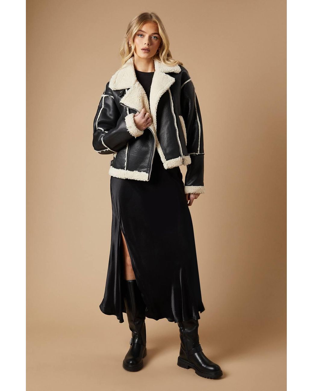 Oasis Black Pu Borg Detail Collared Zip Jacket
