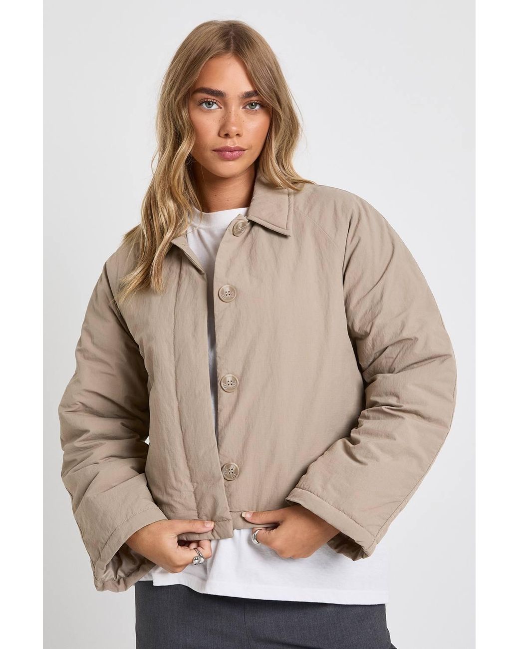 Boohoo Natural Button Up Short Padded Jacket