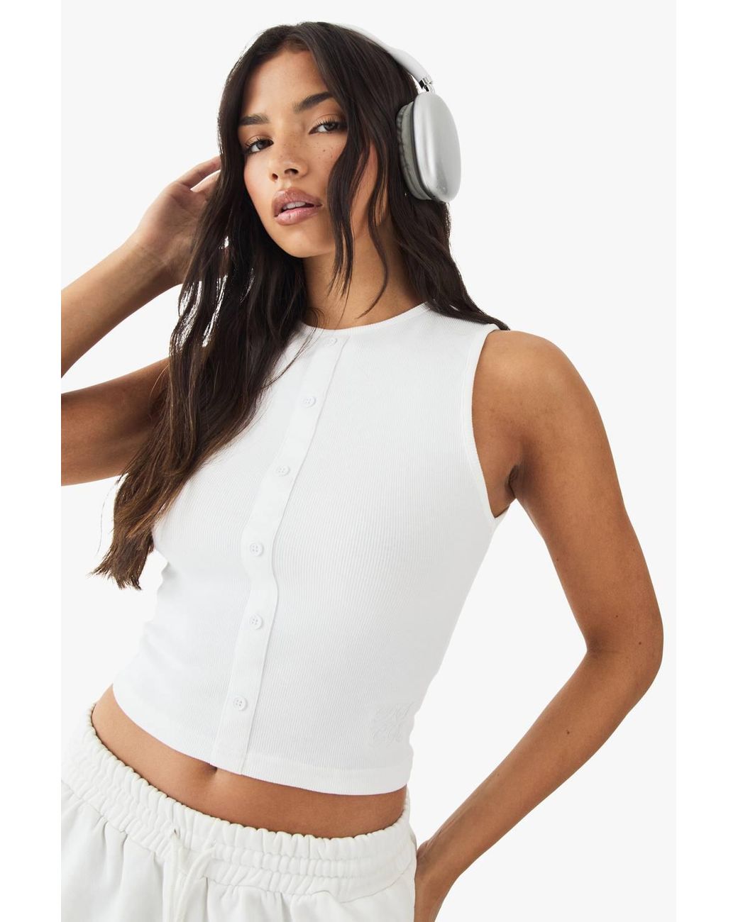 DSGN Studio White Square Script Embroidered Rib Fitted Button Through Sleeveless Top