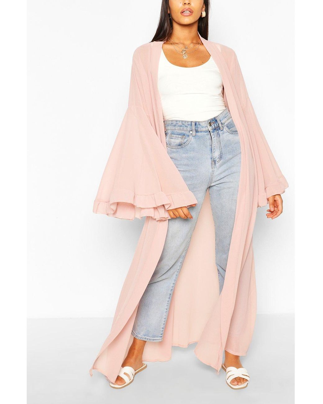 Boohoo Wide Sleeve Maxi Kimono in Pink - Lyst
