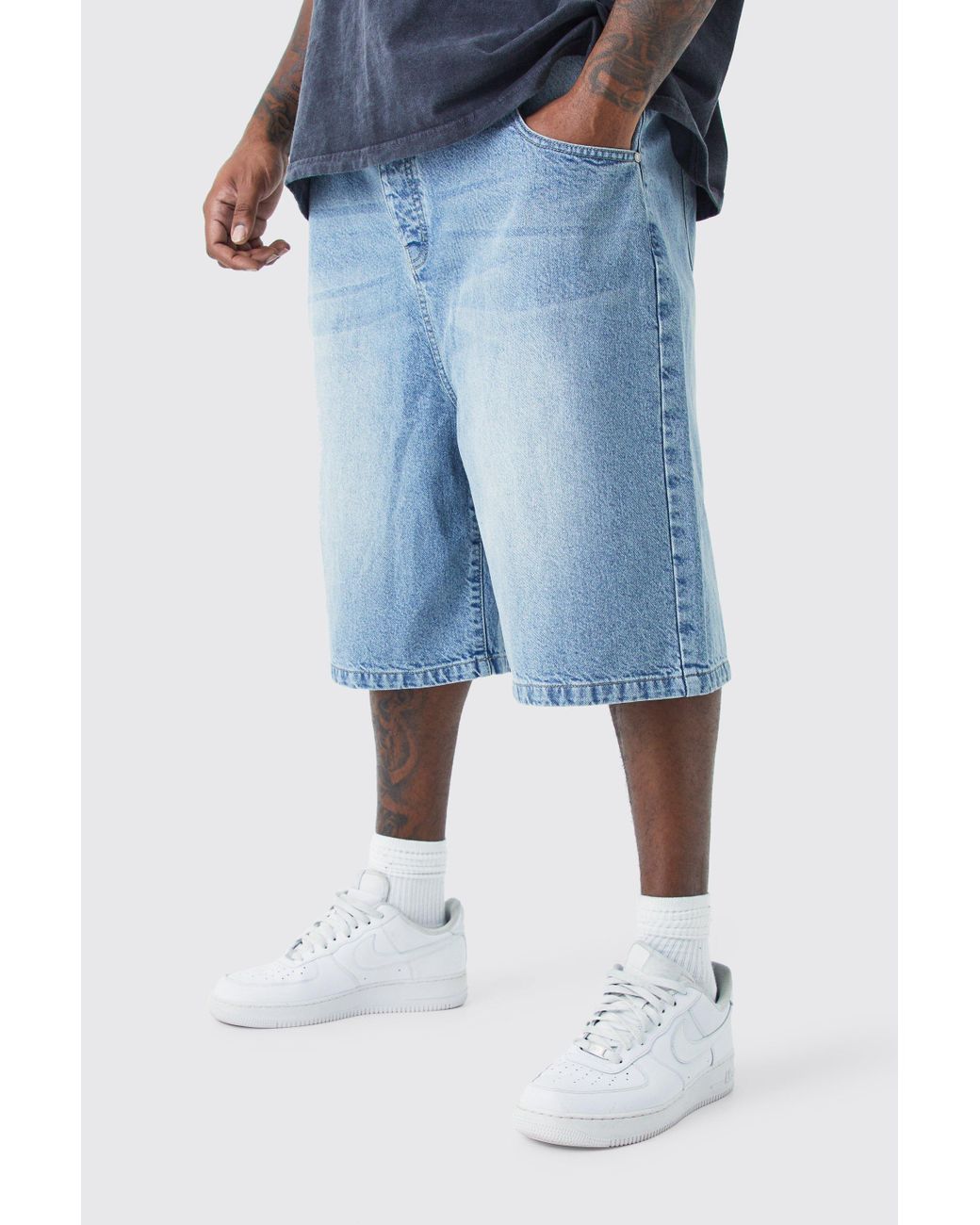 BoohooMAN Plus Denim Jorts In Light Blue Wash for Men Lyst