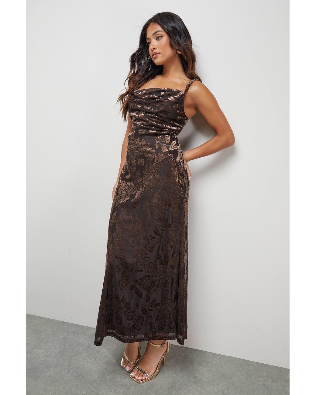 Warehouse Brown Petite Devore Twist Cowl Neck Bias Midi Slip Dress