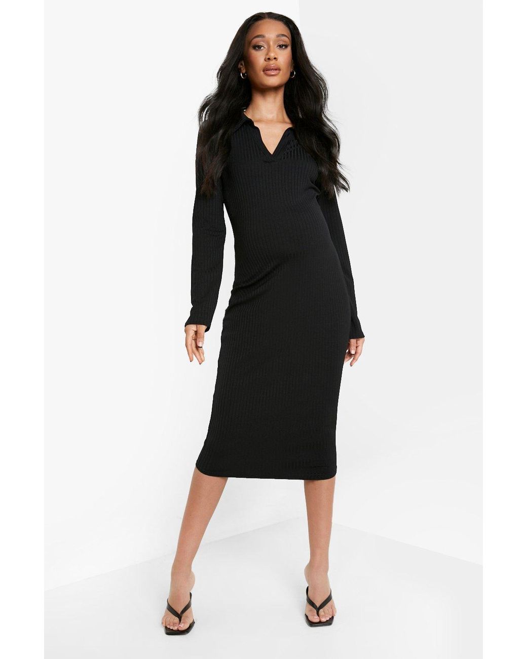 Vestido Premamá Midi Con Cuello De Canalé Boohoo de Denim de color Negro |  Lyst