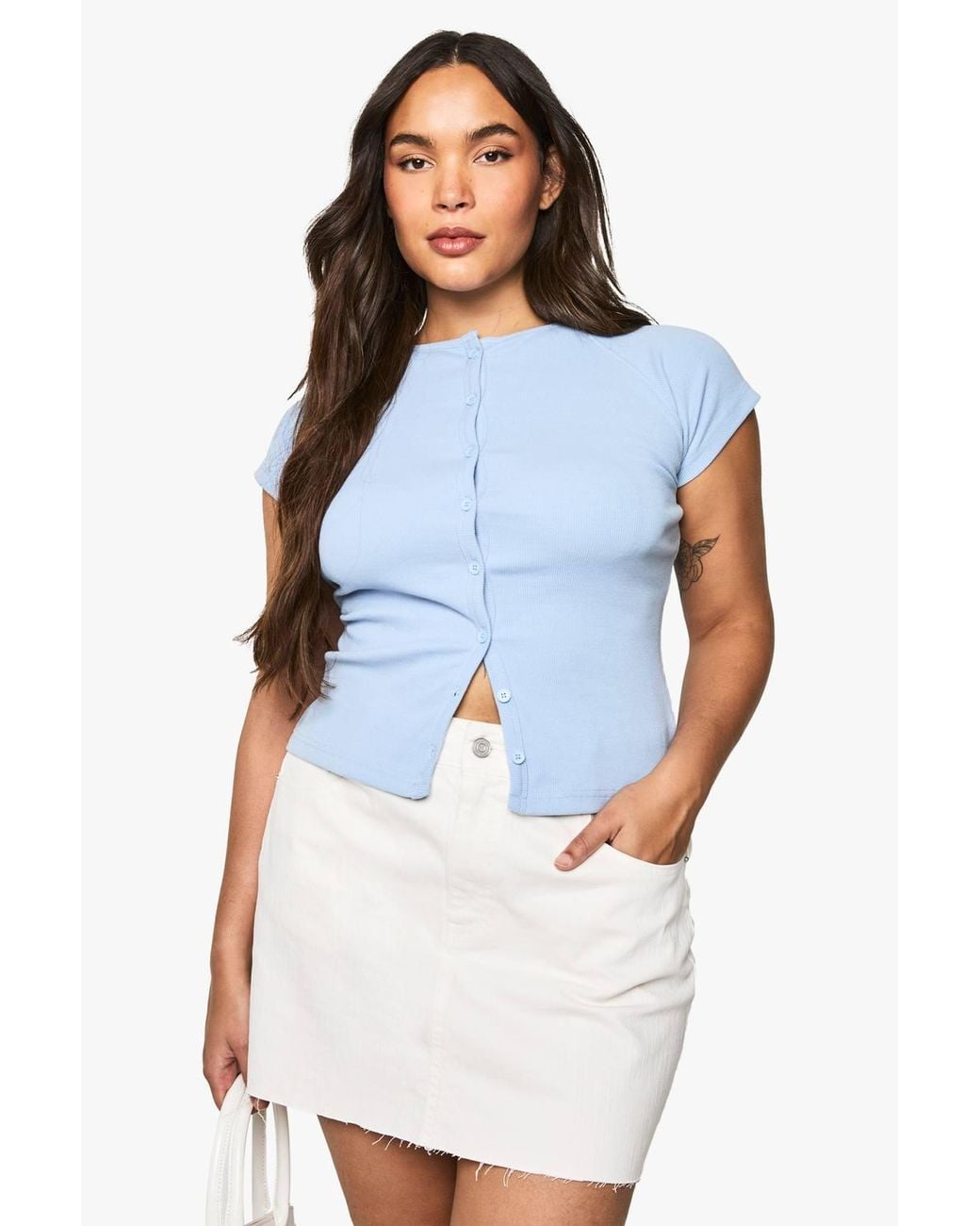 Boohoo Blue Plus Rib Button Through Cap Sleeve Top