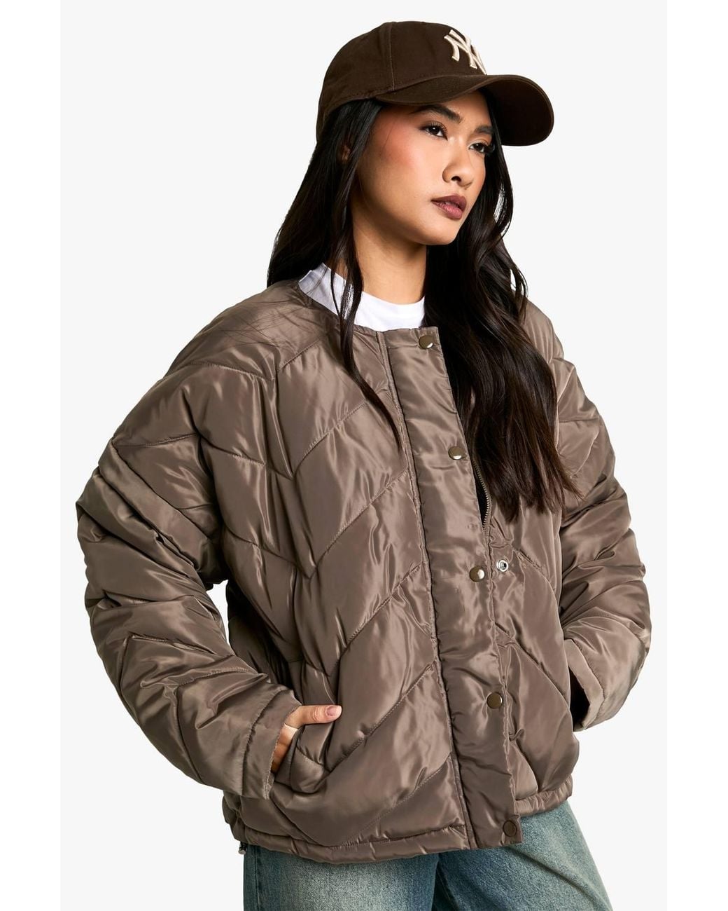 Boohoo Brown Quilted Collarless Puffer Jacket