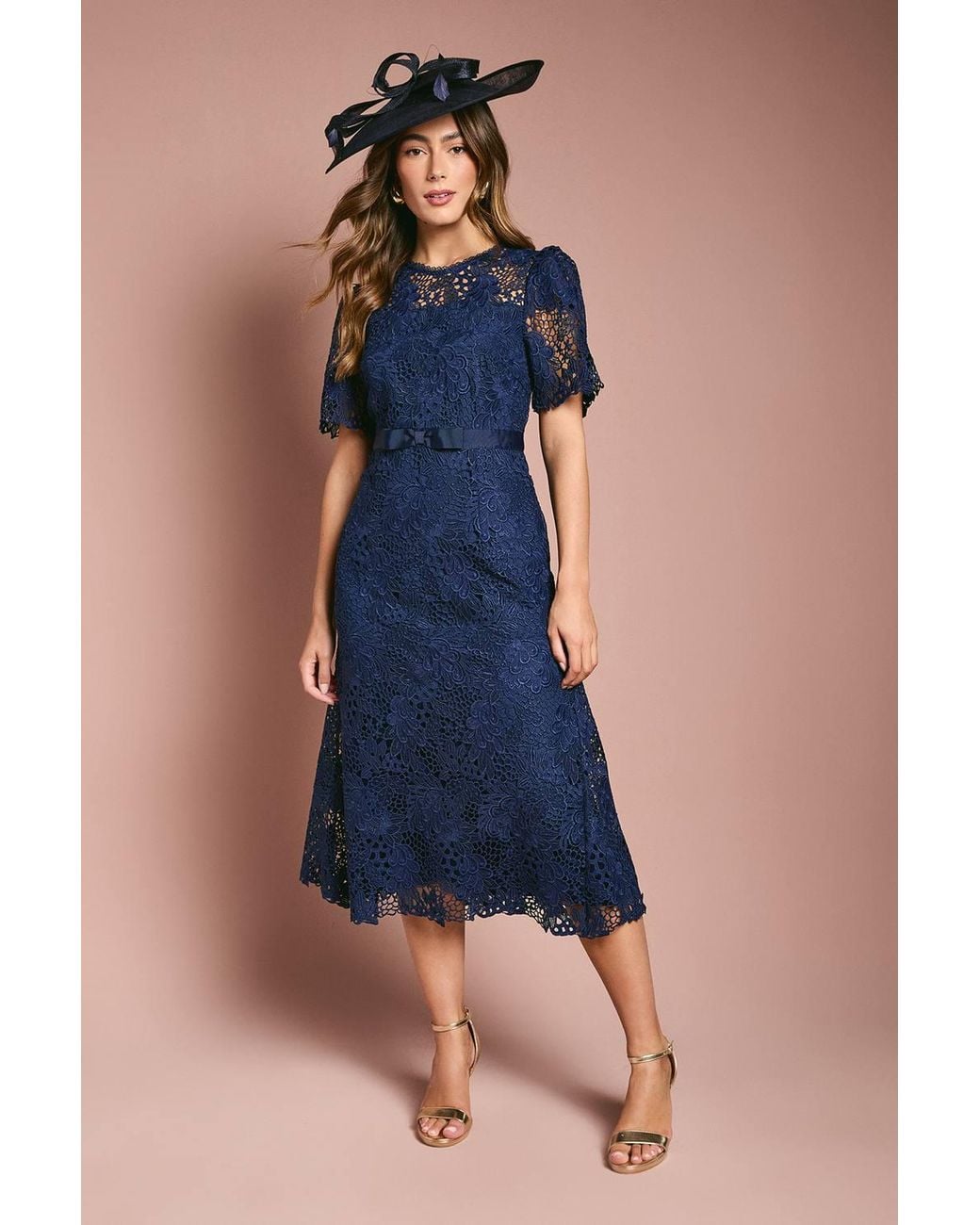 blue flowy dress midi Navy Floral Lace Button Down Mini Dress with Belt