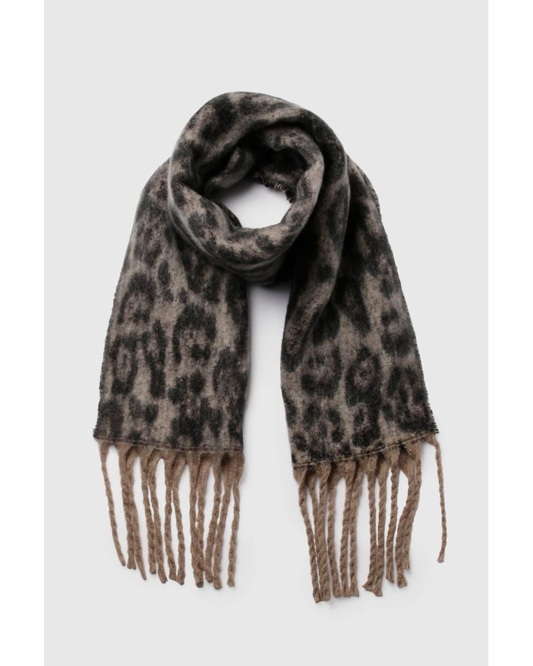 Boohoo Natural Leopard Tassel Fluffy Scarf