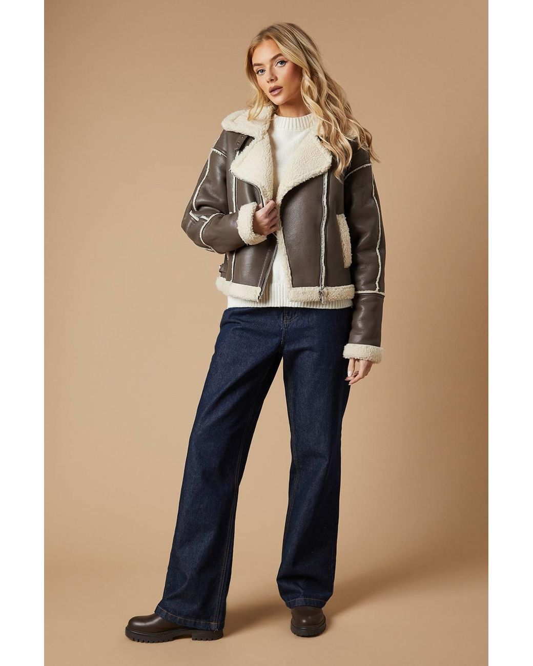 Oasis Brown Pu Borg Detail Collared Zip Jacket