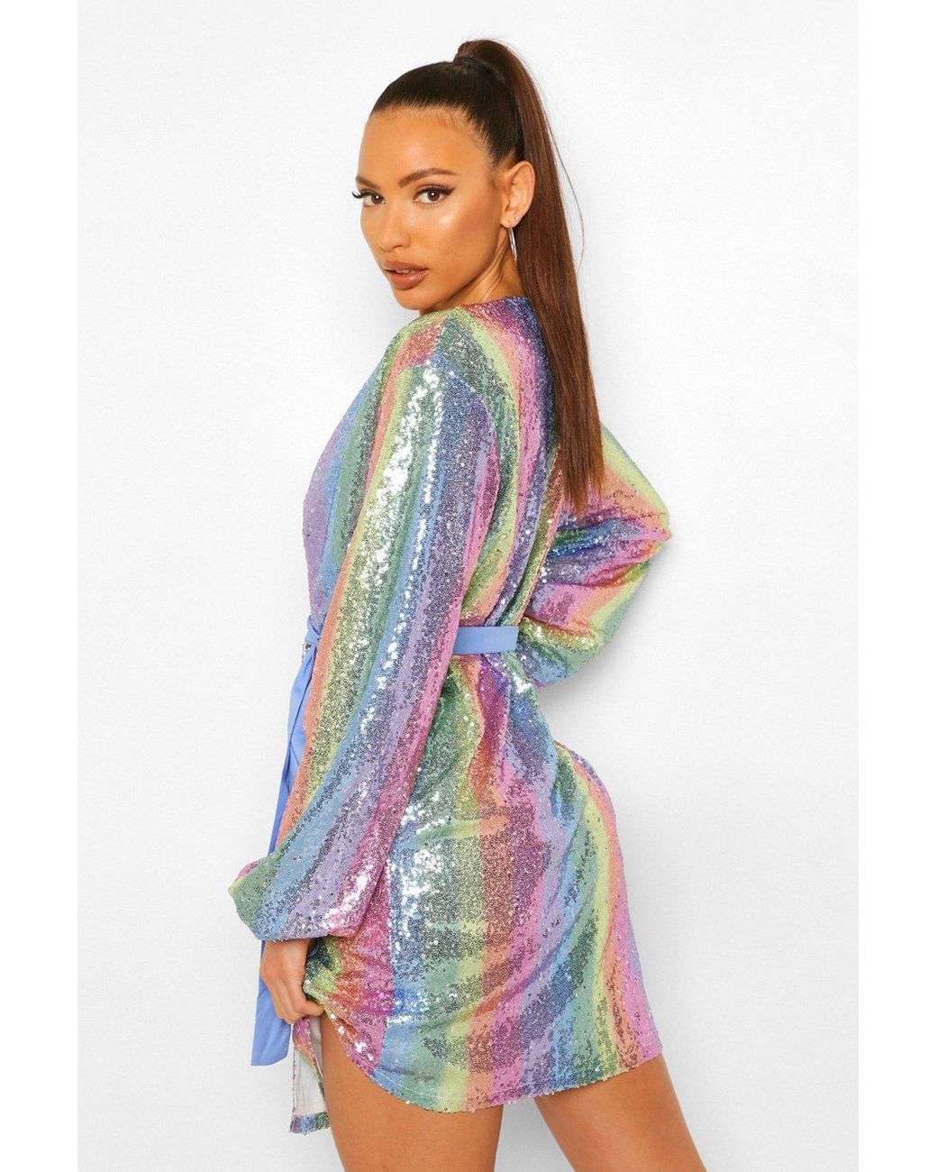 Boohoo Tall Rainbow Striped Sequin Wrap Belted Mini Dress in Blue | Lyst