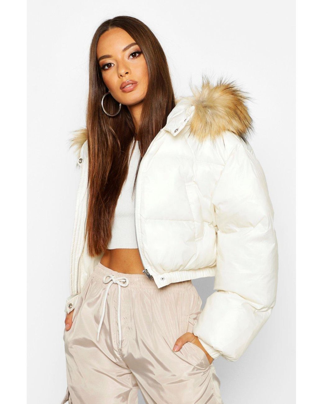 Boohoo Womens Cire Crop Faux Fur Hood Puffer Jacket in White | Lyst
