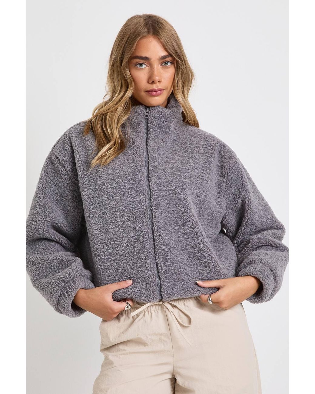 Boohoo White Teddy Zip Bomber Jacket