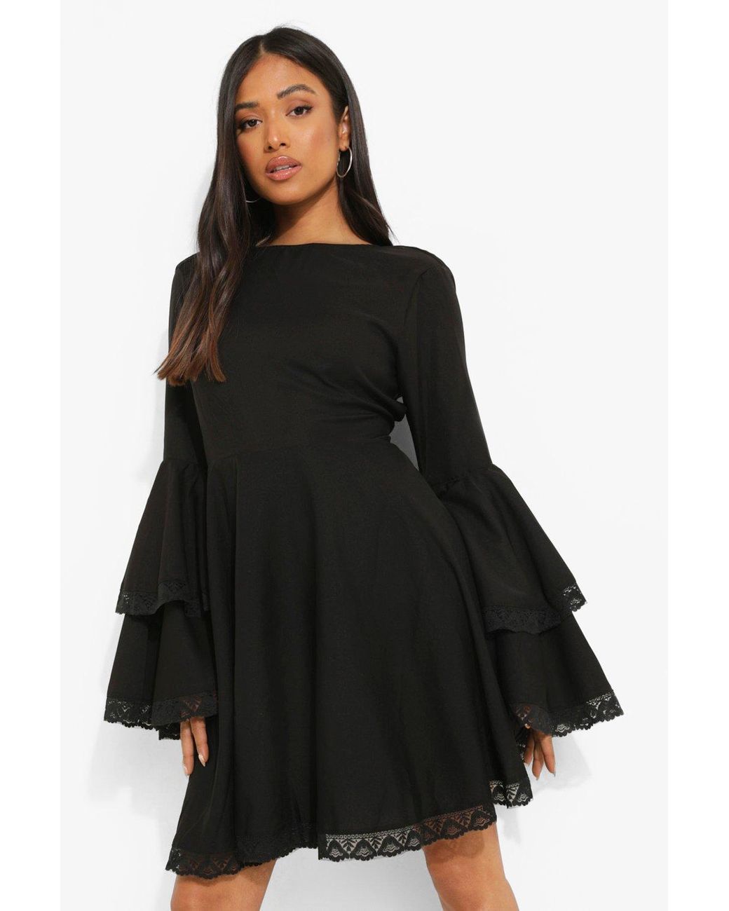 Boohoo Petite Tie Crochet Trim Flare Sleeve Dress in Black - Lyst