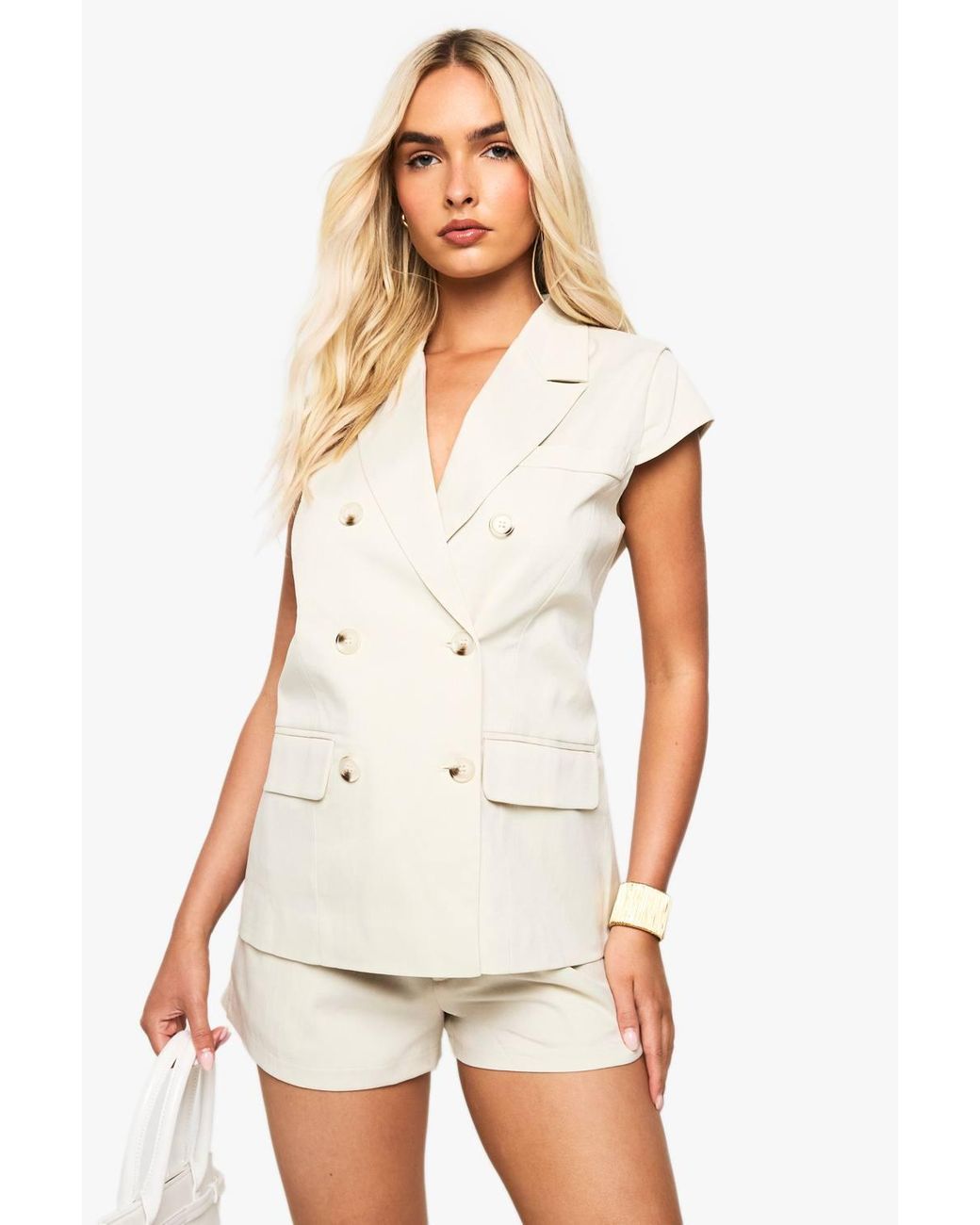 Boohoo White Tortoise Button Cap Sleeve Blazer