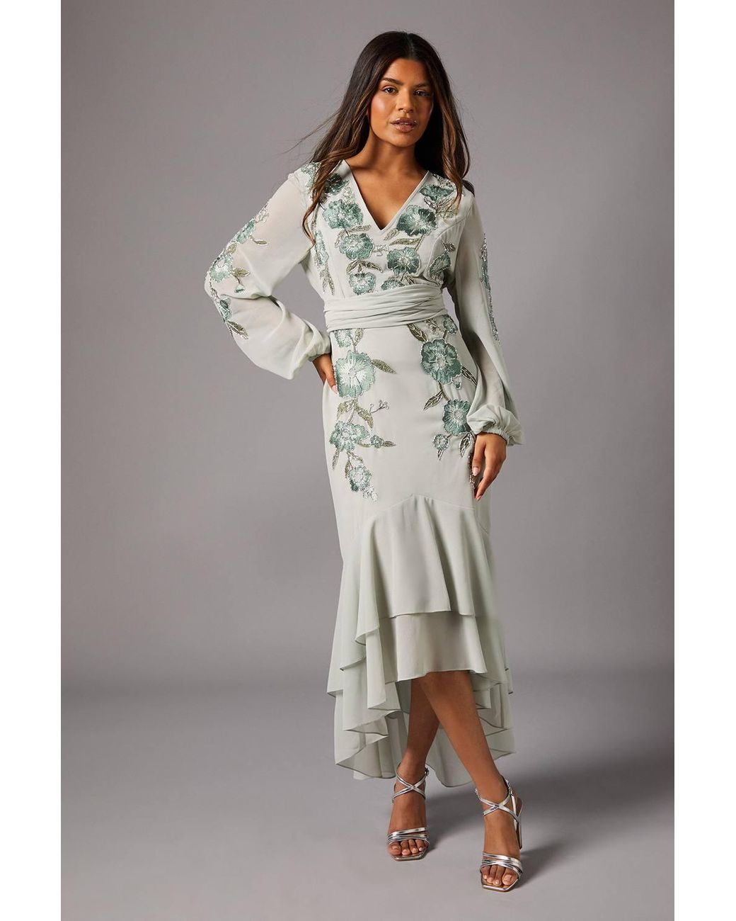 Coast Petite Sequin Embellished And Embroidered Hi-Lo Maxi Dress in Gray