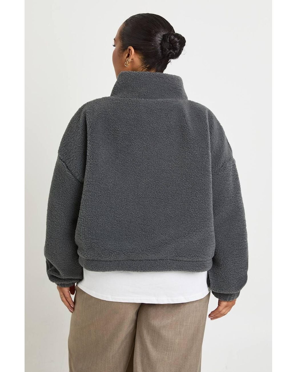 Boohoo Gray Plus Boxy Teddy Bomber Jacket