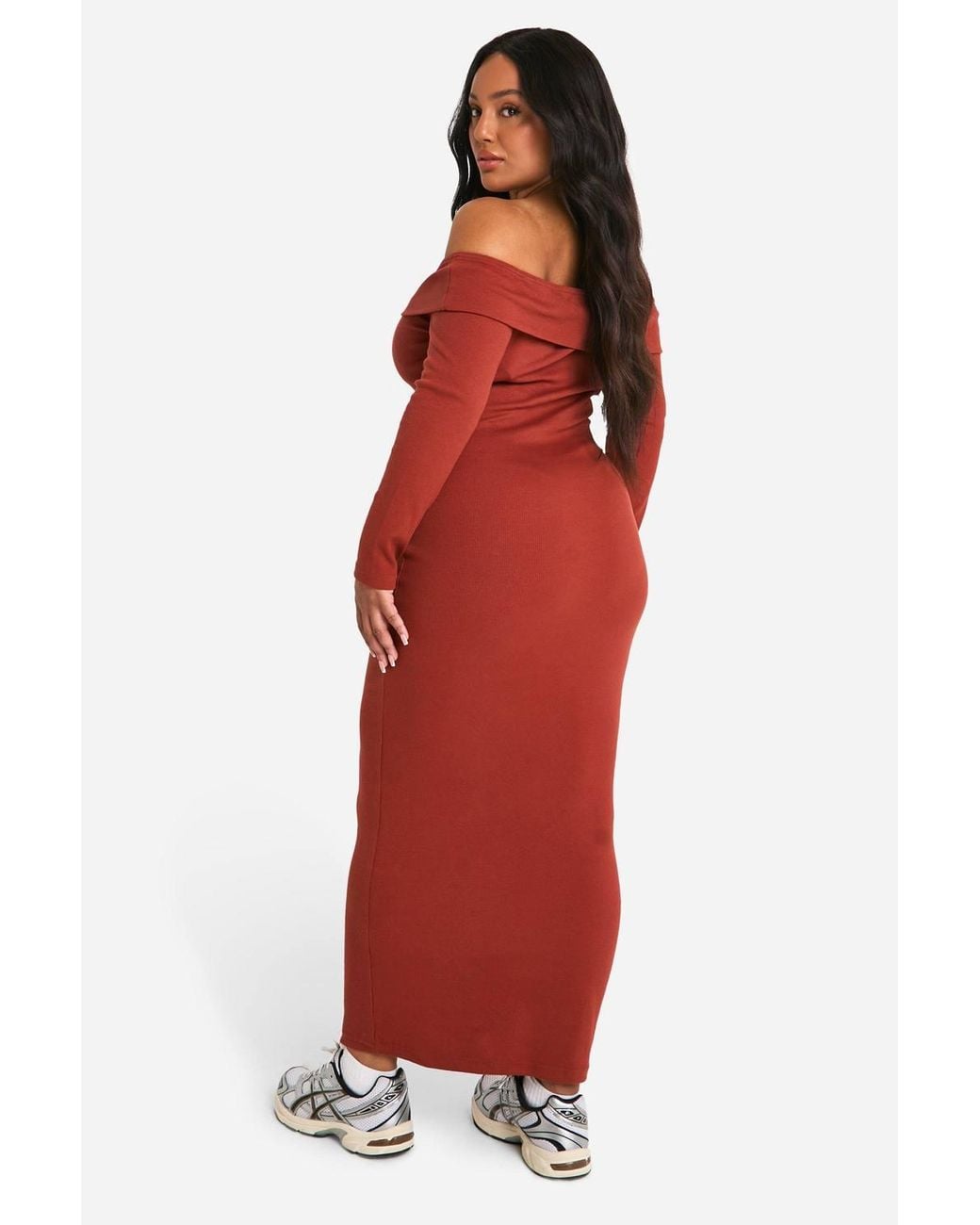 Boohoo Red Plus Basic Rib Bardot Maxi Dress