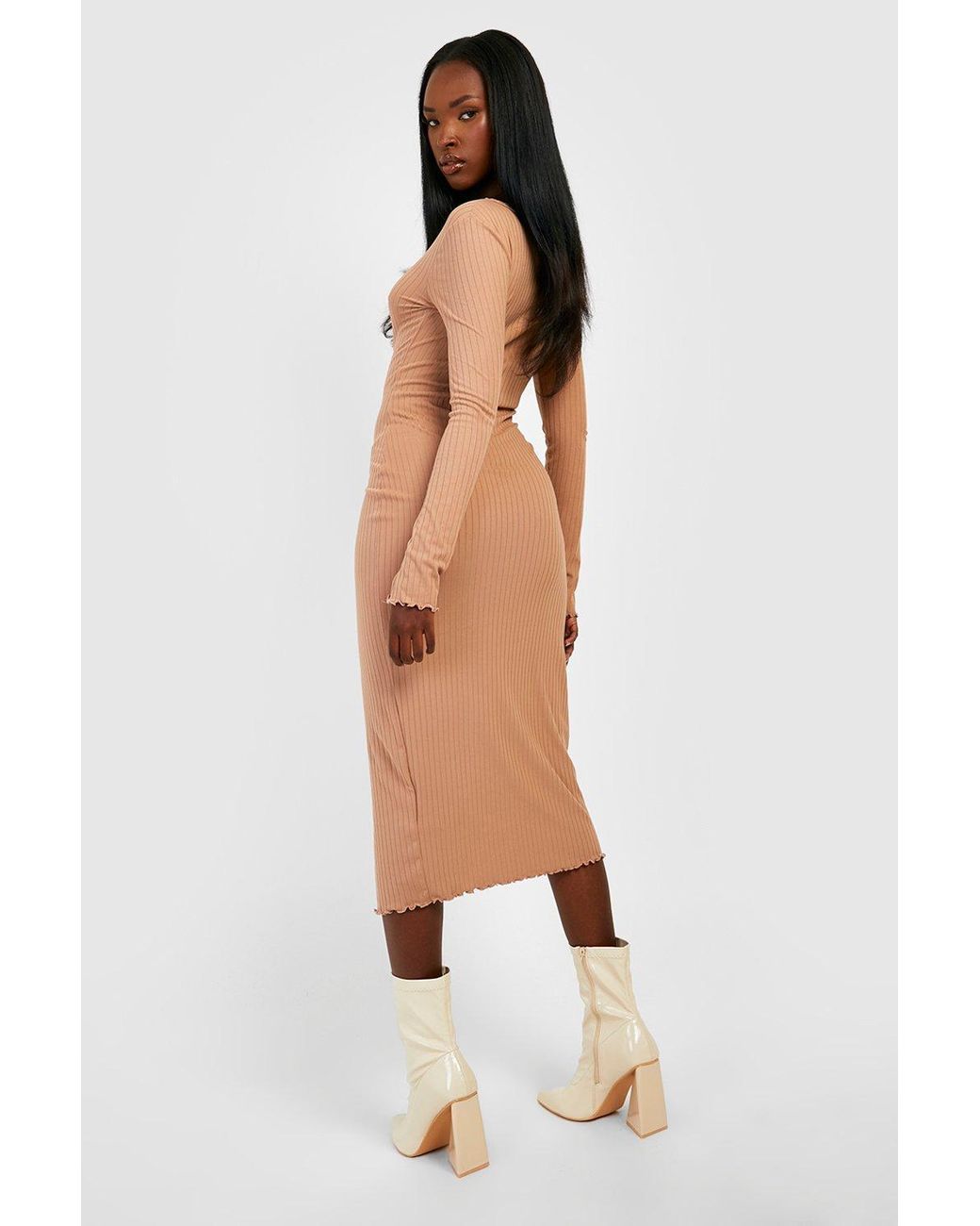 Boohoo Basic Rib Button Midi Dress in 