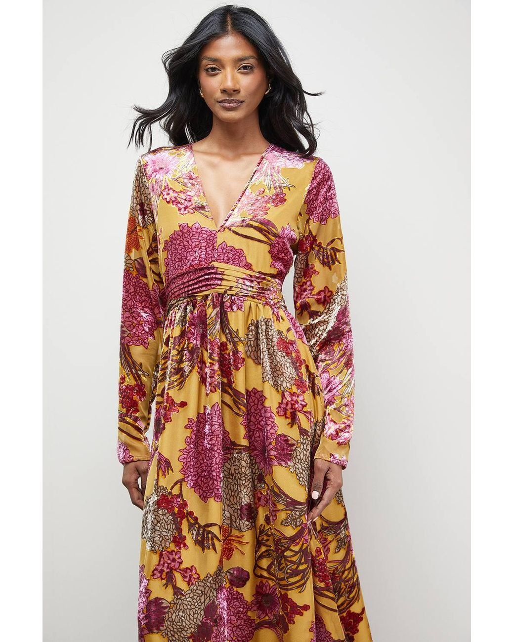 Warehouse Yellow Burnout Velvet Plunge Neck Waisted Midi Dress