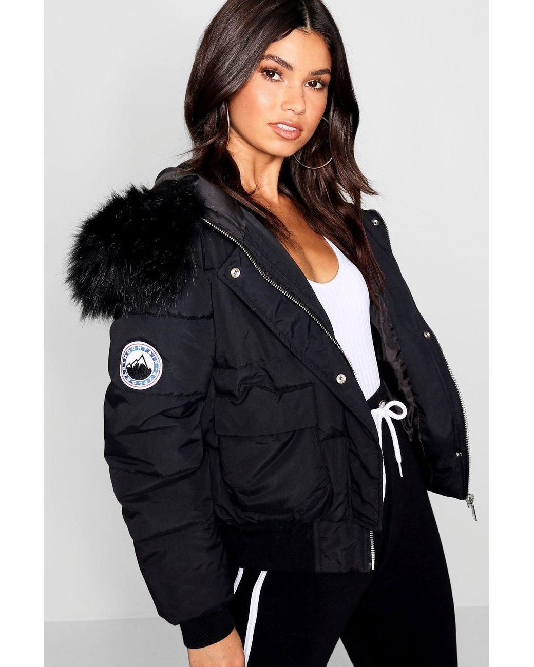 Boohoo Black Faux Fur Hood Crop Puffer Jacket - Lyst
