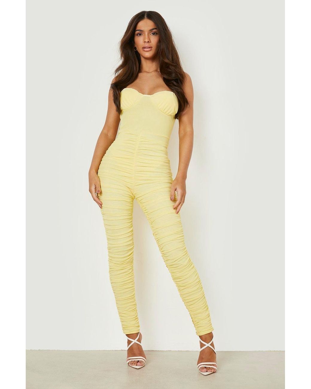 Boohoo Mesh Ruched Detail Bandeau Jumpsuit in Yellow | Lyst