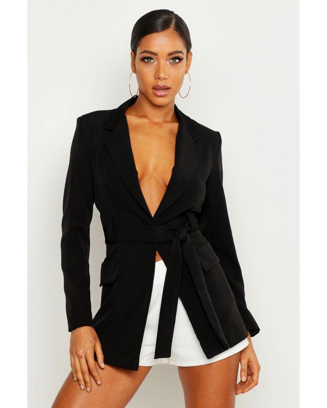 Boohoo Belted Tailored Blazer in Black - Lyst