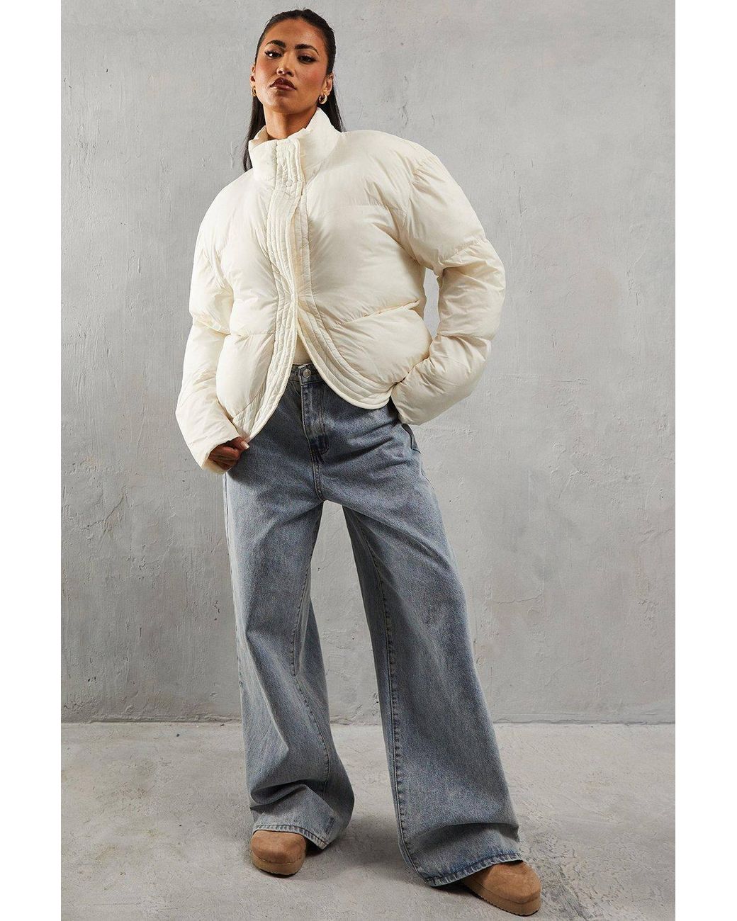 MissPap Gray Ribbed Placket Puffer Coat