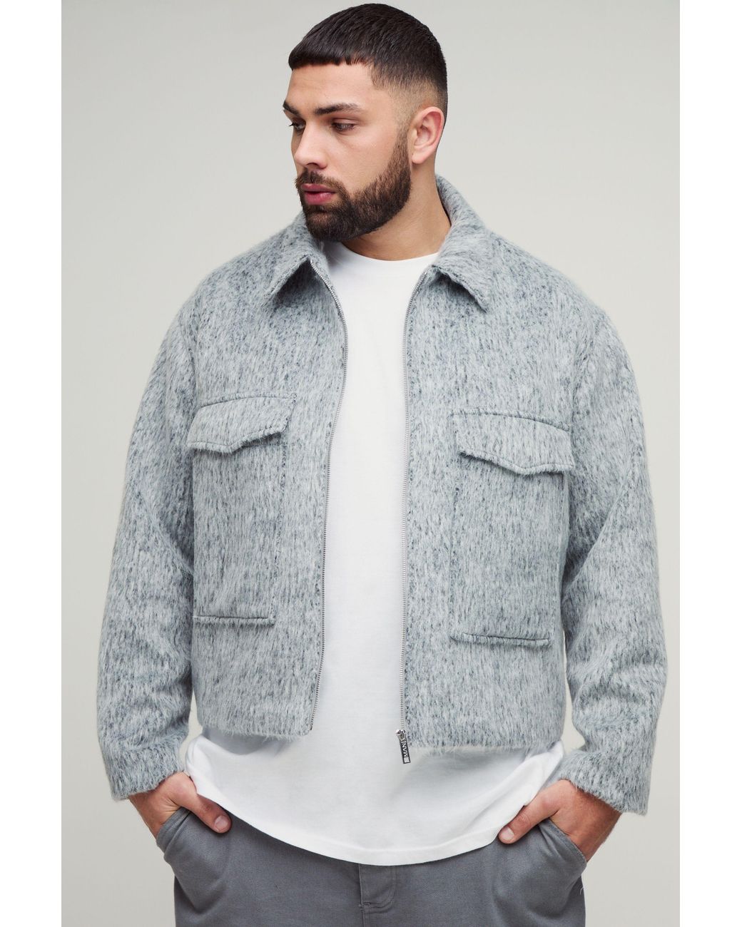 BoohooMAN Gray Plus Wool Blend Smart Zip Up Regular Fit Cargo Jacket for men