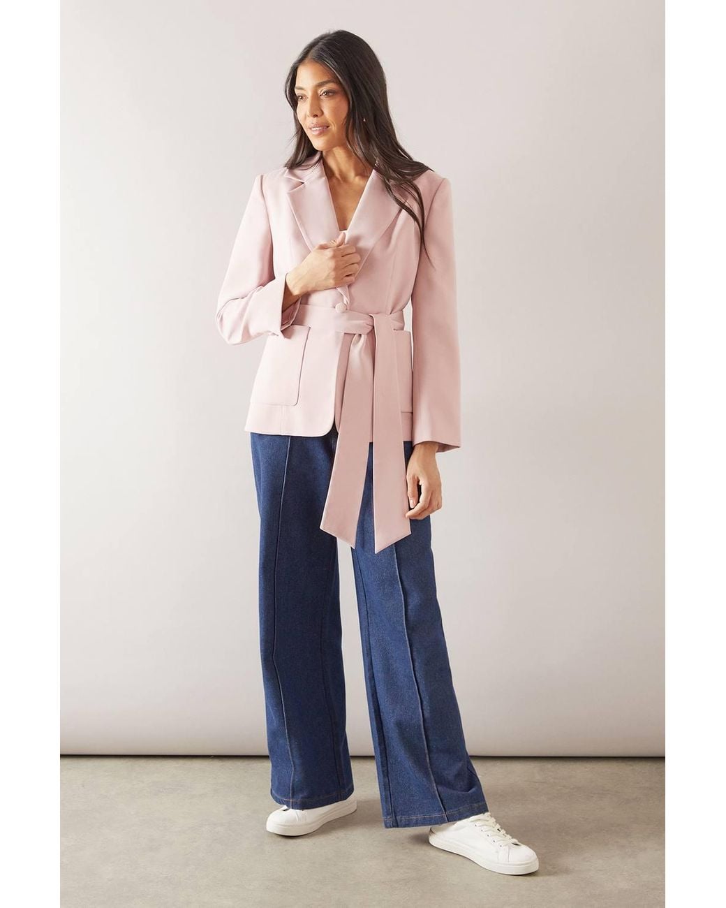 Wallis Pink Petite Patch Pocket Tie Neck Blazer