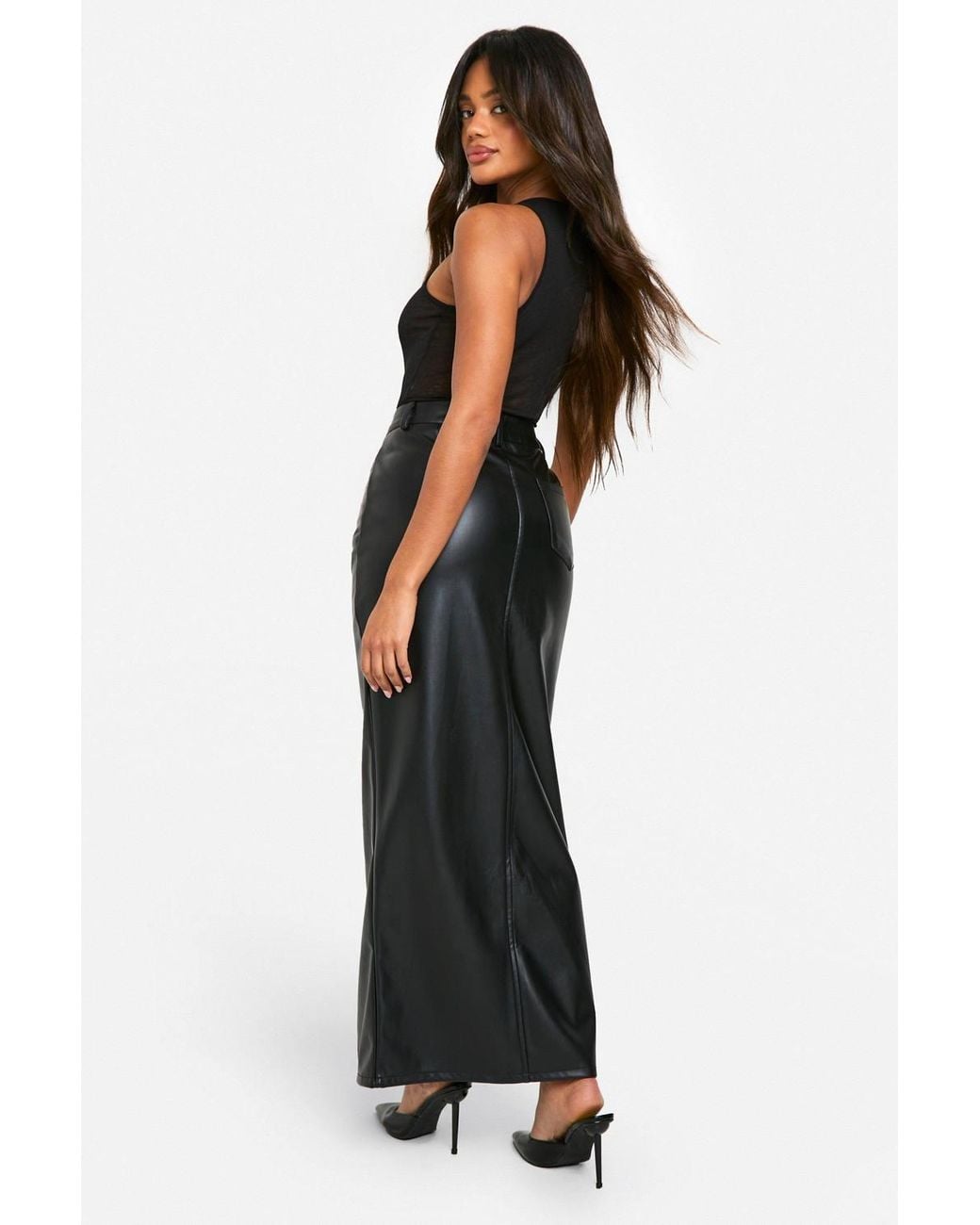 Boohoo Black Pu Split Front Maxi Skirt