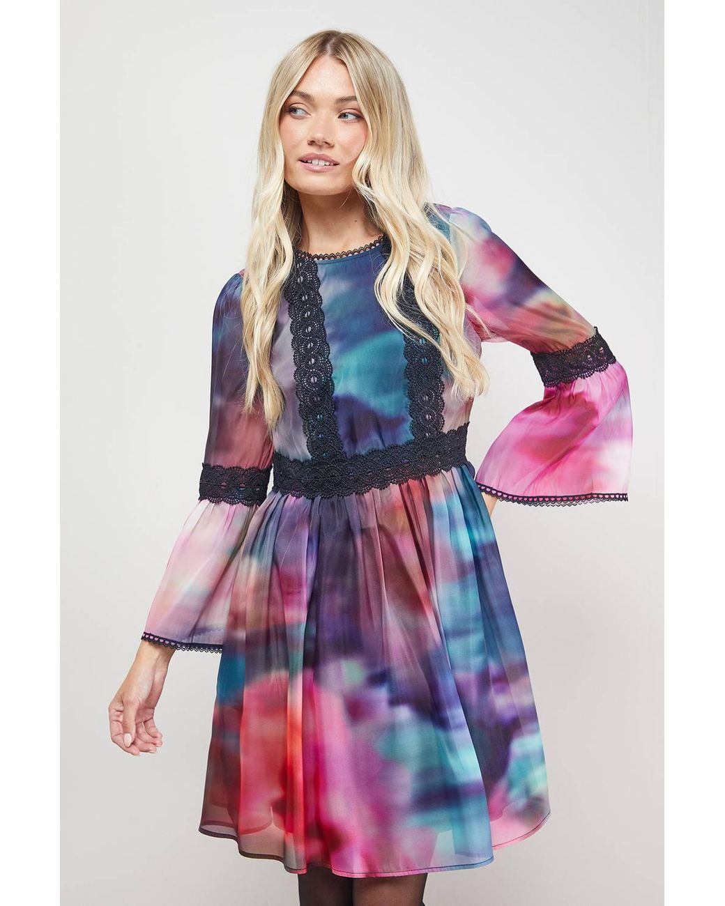 Prom Fluted Oasis Lace Trim Fluted Sleeve Mini Prom Dress in Blue | Lyst