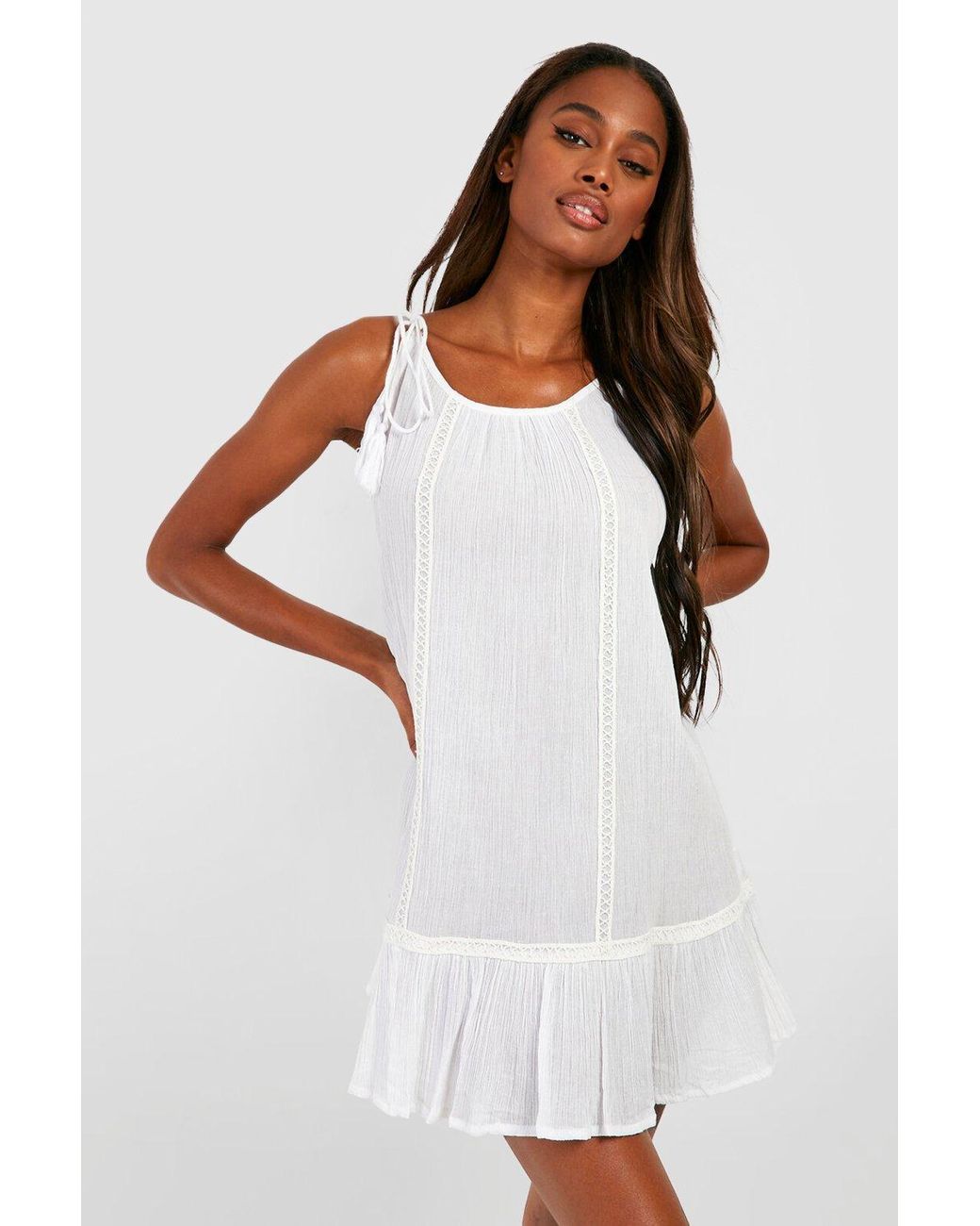 Boohoo Cheesecloth Tassel Swing Beach Dress in White Lyst