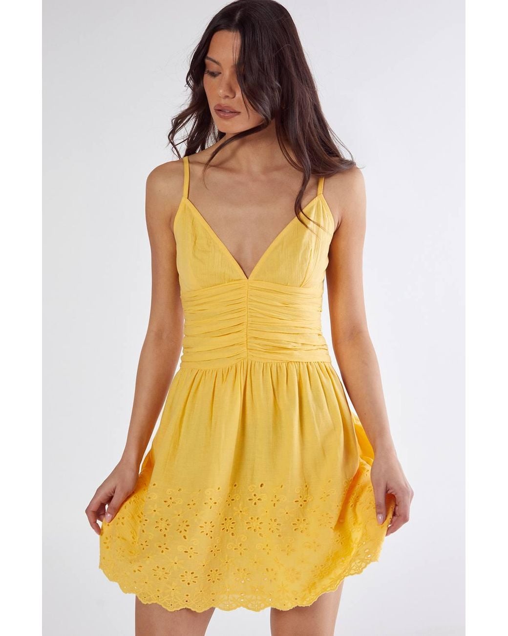 Nasty Gal Cotton Ruched Button Broderie Hem Strappy Mini Dress in Yellow |  Lyst