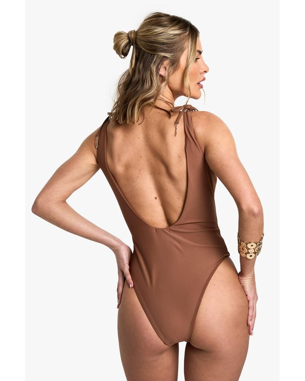 Boohoo Brown Feather Charm Backless Bathing Suit