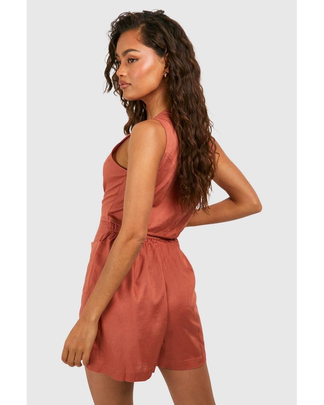 Boohoo Red Linen Look Button Front Romper