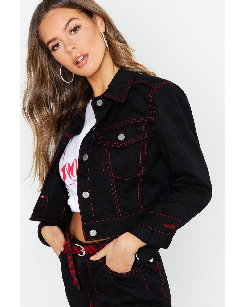 Red Neon Contrast Stitch Denim Jacket 
