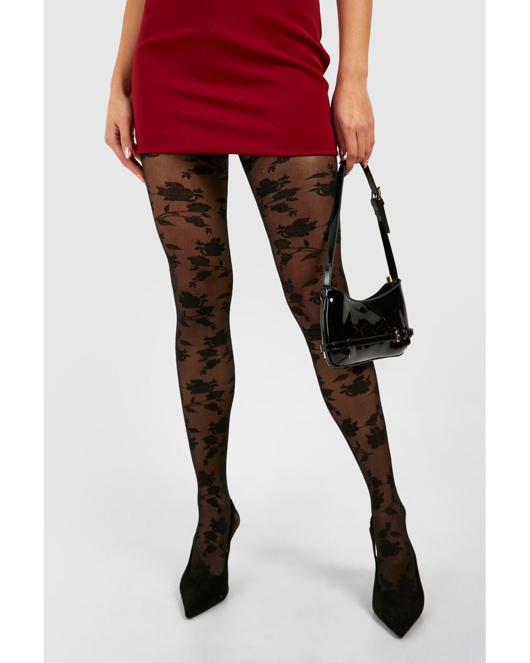 Boohoo Floral Lace Fishnet Tights in Red