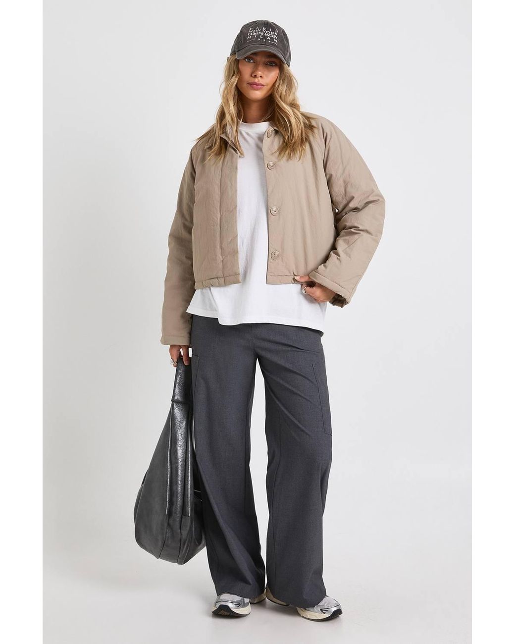 Boohoo Natural Button Up Short Padded Jacket