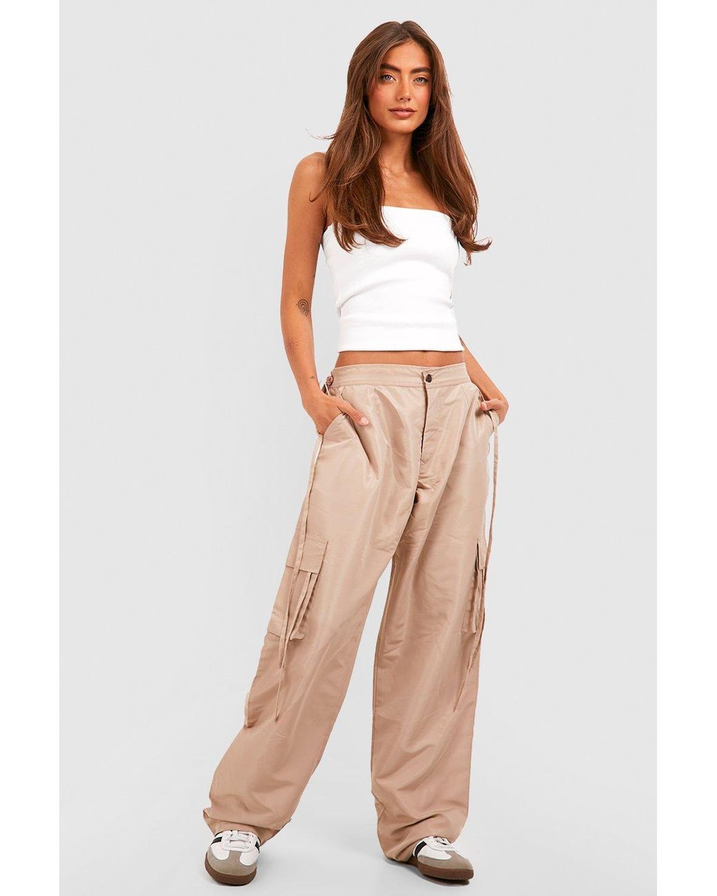 Boohoo High Rise Wide Leg Toggle Cargo Pants in White | Lyst